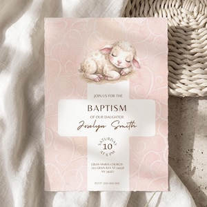 Watercolor Lamb Baptism invitation, Editable Canva Template, Girl Christening Invite, Baby Baptism, Digital Download, #BAP08