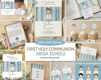 Pacchetto Prima Comunione per Bambino, 13 modelli Canva modificabili, 9 varianti di acconciatura #FHC03