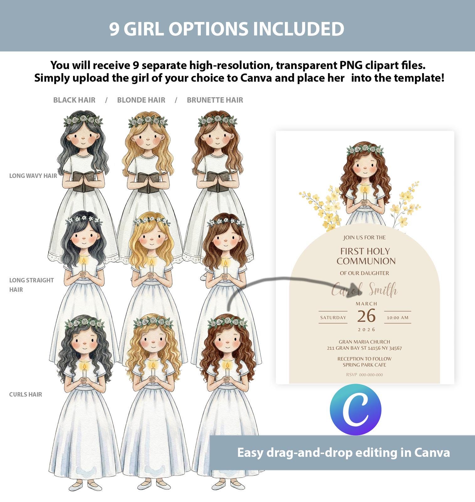 First Holy Communion Girl Invitation Template, Editable Canva Invite, 9 ...