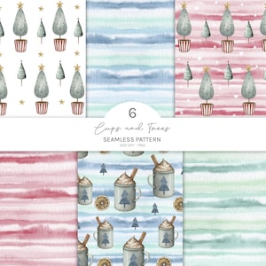 6 Seamless Christmas Textures Bundle, Hot Chocolate Mugs & Potted Trees Pattern, Striped Holiday Background, Seamless Digital Paper Pack