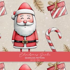 Santa Seamless Pattern, Vintage Christmas Digital Paper, Retro Holiday Fabric Design, Watercolor Xmas Background, Commercial Use