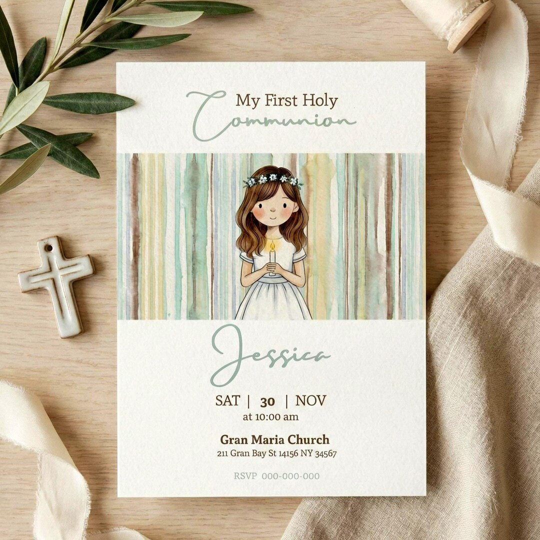 First Holy Communion Invitation Girl Editable Canva, Watercolor ...