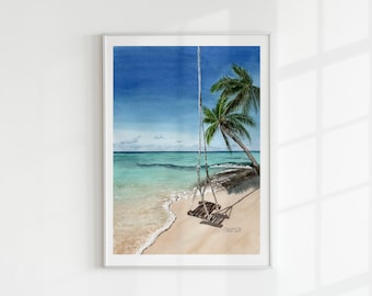 Strandlandschaft, Wandkunst, druckbares Aquarell, digitale Kunst, blaues, türkisfarbenes und beiges Aquarell, Strand und Palmen