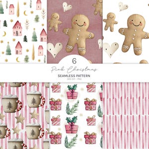 Pink Christmas Digital Paper Bundle. Coquette Gingerbread & Pastel Patterns. Cute Girly Holiday Wrapping Backgrounds (6 Pack)