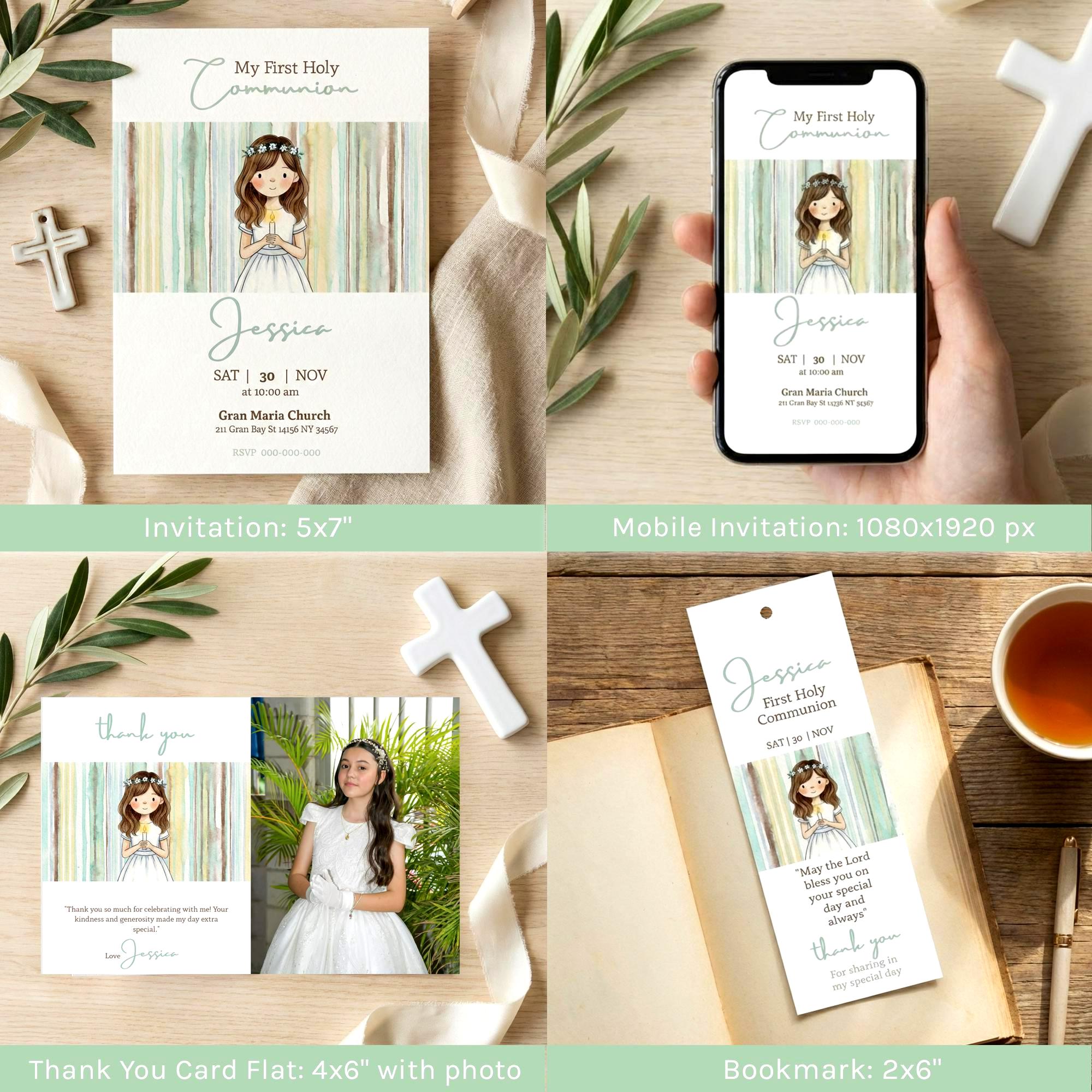 Watercolor First Holy Communion Bundle, 12 Editable Canva Templates, 9 ...