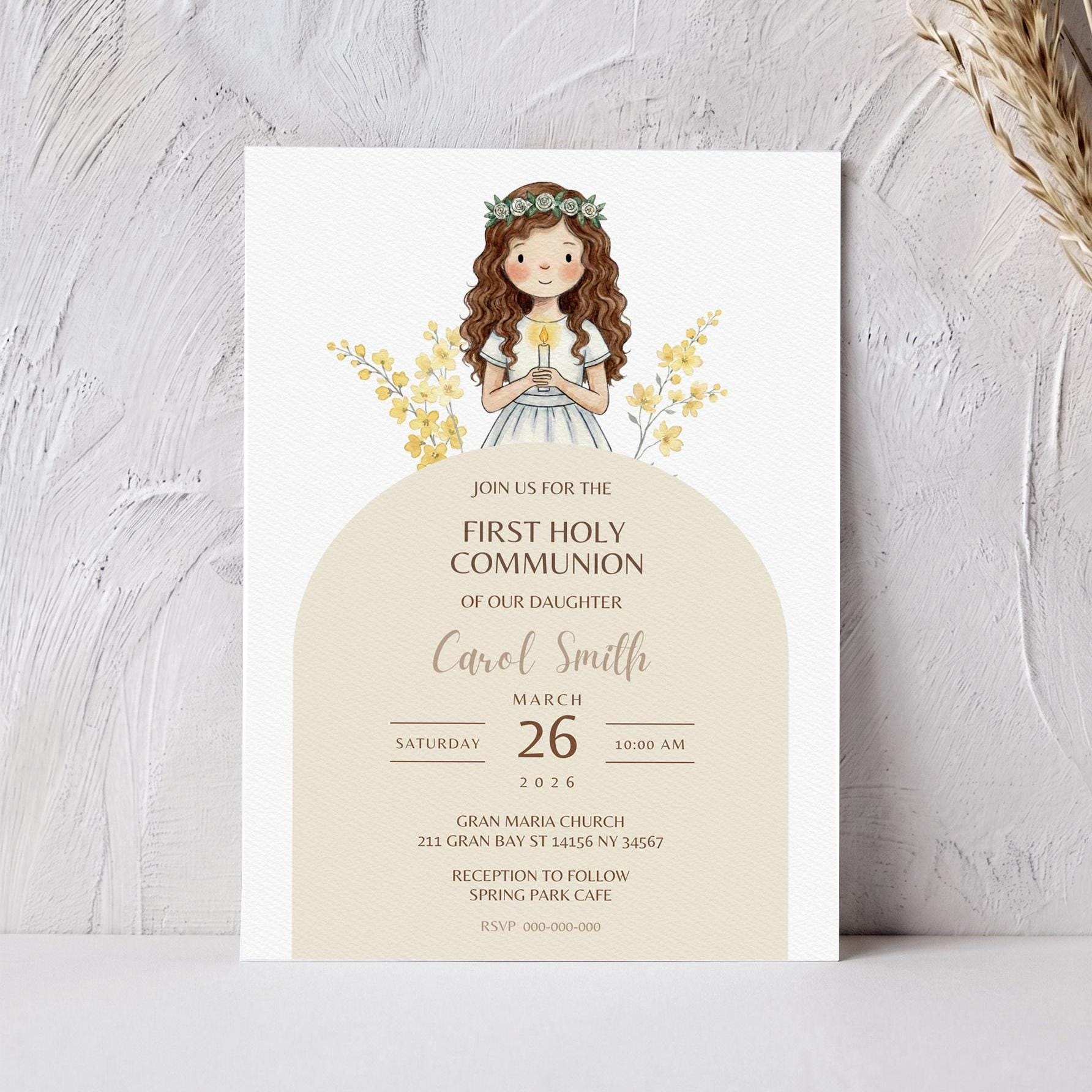 First Holy Communion Girl Invitation Template, Editable Canva Invite, 9 ...