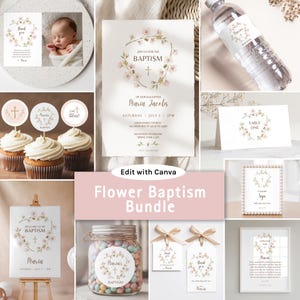 Floral Baptism Party Bundle, Editable Baptism Decorations, Canva Christening Party Bundle, Baptism Invitation Set, #BAP07
