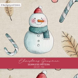 Snowman Seamless Pattern, Watercolor Winter Digital Paper, Whimsical Snowmen Fabric File