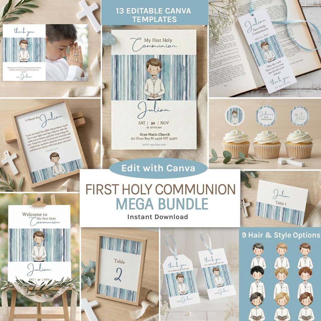 Boy First Holy Communion Bundle, 13 Editable Canva Templates, 9 Hair ...