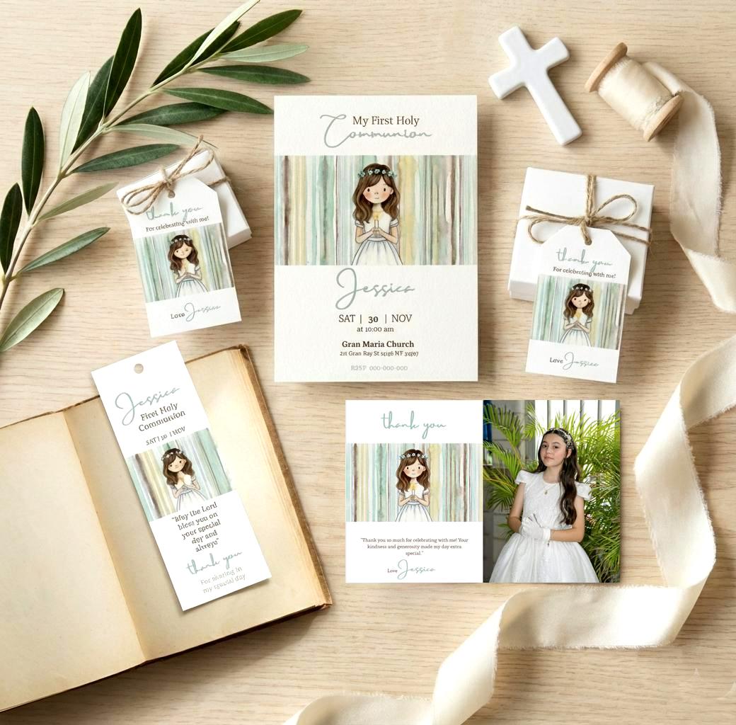 Watercolor First Holy Communion Bundle, 12 Editable Canva Templates, 9 ...