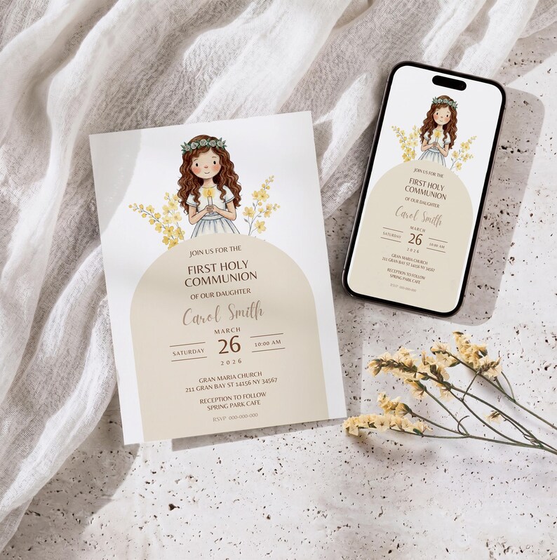 Girl First Holy Communion Invitation Template, Editable Canva Invite, 9 ...