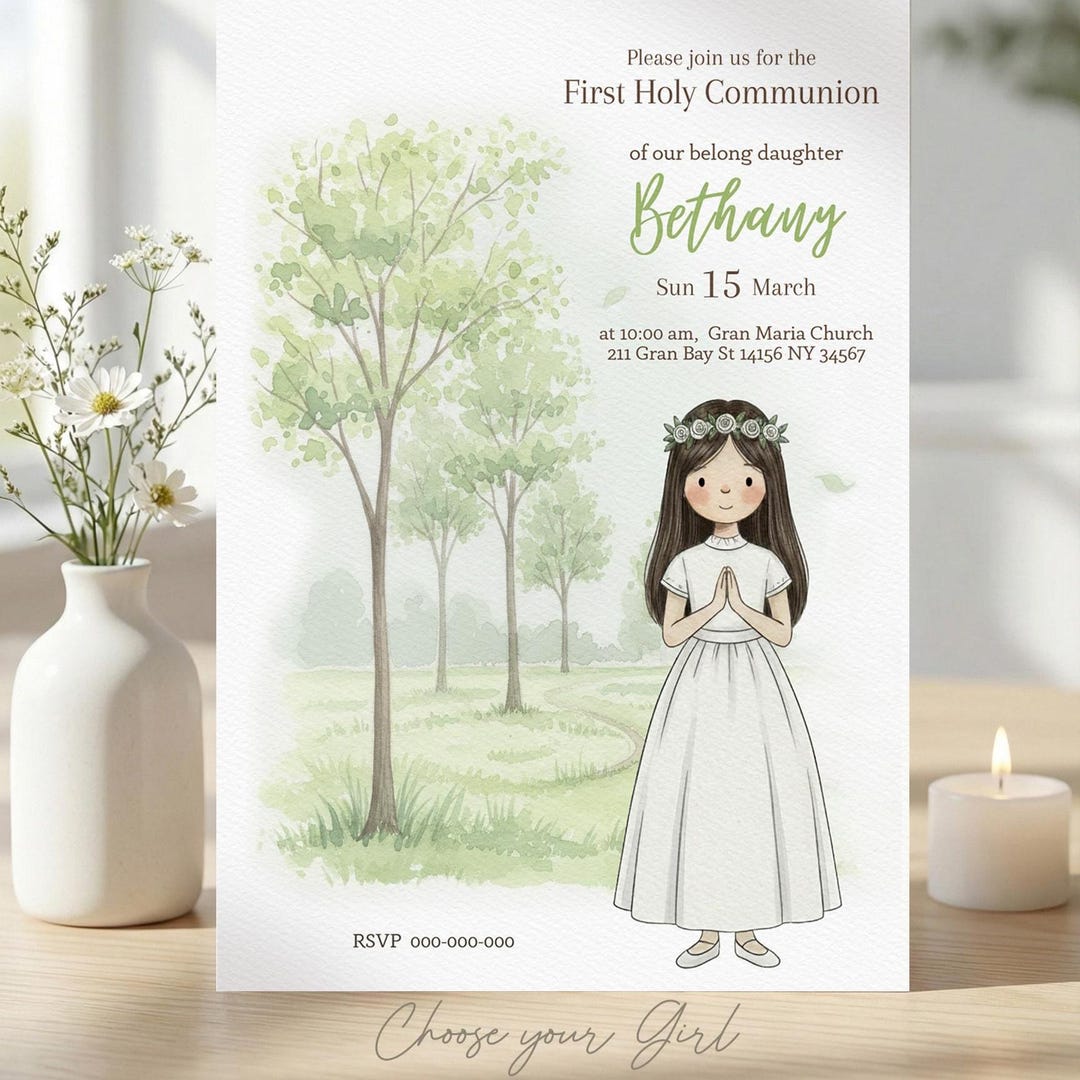 First Communion Invitation Girl Editable Canva Template Watercolor ...