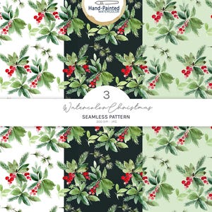 Hand Painted Christmas Pattern Set, Holly and Pine Digital Paper, Seamless Winter Greenery, Dark Floral Xmas Background, Printable Scrapbook