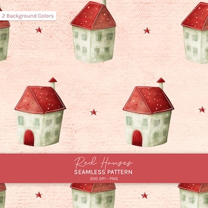 Watercolor Christmas Village Seamless Pattern, Tiny Houses Digital Paper, Whimsical Cottage Fabric, Red & White Holiday Background