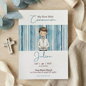 First Holy Communion Invitation Boy Editable Canva, Watercolor Template Customizable Hair, Printable Card + Digital Mobile Invite #FHC03
