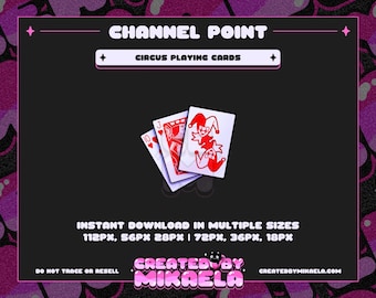 以下が含まれることがあります： ジャック、クイーン、ジョーカー2枚を含む4枚のトランプのデジタルイラスト。カードは赤と白で、黒いアウトラインがあります。画像の上部には「CHANNEL POINT」と「CIRCUS PLAYING CARDS」のテキストがあります。画像の下部には「INSTANT DOWNLOAD IN MULTIPLE SIZES 112PX, 56PX 28PX | 72PX, 36PX, 18PX」のテキストがあります。画像の左下には「DO NOT TRACE OR RESELL」のテキストがあります。画像の中央下部には「CREATED BY MIKAELA」のテキストがあります。画像の右下には「CREATEDBYMIKAELA.COM」のテキストがあります。
