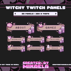 Puede incluir: Un conjunto de 25 paneles de Twitch en estilo pixelado con un tema de bruja. Los paneles son de color rosa, morado y marrón con un fondo negro. Los paneles presentan texto como "Acerca de", "Juegos", "Lista de deseos", "Instagram", "Discord", "Créditos", "Comandos" y "Reglas".