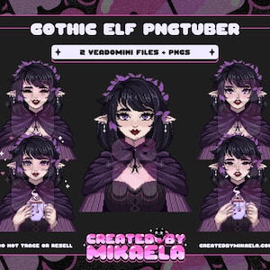 Könnte beinhalten: Eine digitale Illustration einer Gothic-Elfenfigur mit lila Haaren, die ein schwarzes und lila Kleid mit einem Spitzenoberteil trägt. Die Figur hat große, dunkle Augen und einen blassen Teint. Das Bild ist vor einem schwarzen Hintergrund mit rosa und lila Akzenten platziert.