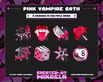 May include: A digital art graphic featuring eight pink and black designs with a vampire goth theme. Designs include a spiked collar, vampire fangs, a knife with a bow, a heart lollipop, bat wings, a dice, a shuriken, and an eight ball. Text reads "PINK VAMPIRE GOTH".