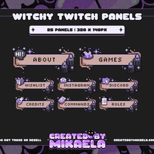 Könnte beinhalten: Eine Reihe von pixeligen Twitch-Panels mit einem Hexen-Thema. Die Panels umfassen "About", "Games", "Wishlist", "Instagram", "Discord", "Credits", "Commands" und "Rules". Der Hintergrund ist dunkel mit lila Akzenten.