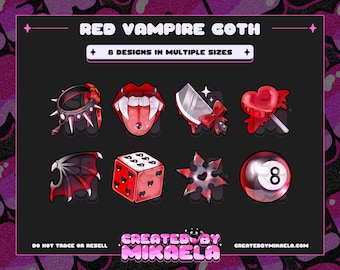 May include: Eight red and black gothic-themed digital illustrations. The designs include a heart-shaped lollipop, a dice with hearts, a vampire mouth, a knife with a red bow, a bat wing, a 8-ball, a spiked collar, and a star-shaped object.