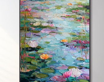 Large Green Impressionist Canvas Oil Painting 'Water Lilies' Abstract Landscape Textured Wall Art Monet Style Pond Artwork Living Room Decor