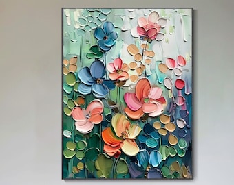 Original Flower Textured Wall Art 3D Abstrat Painting On Canvas Wall Decor Living Room Soft Color Textured Flower Wall Art Spring Decor