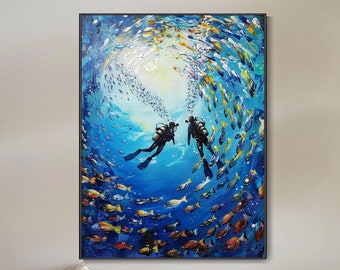 Abstract Diving Couple Oil Painting Hand-Painted Ocean Decor Canvas Art Original Deep Blue Sea Fish Canvas Art Modern Home Decor Gift Moving
