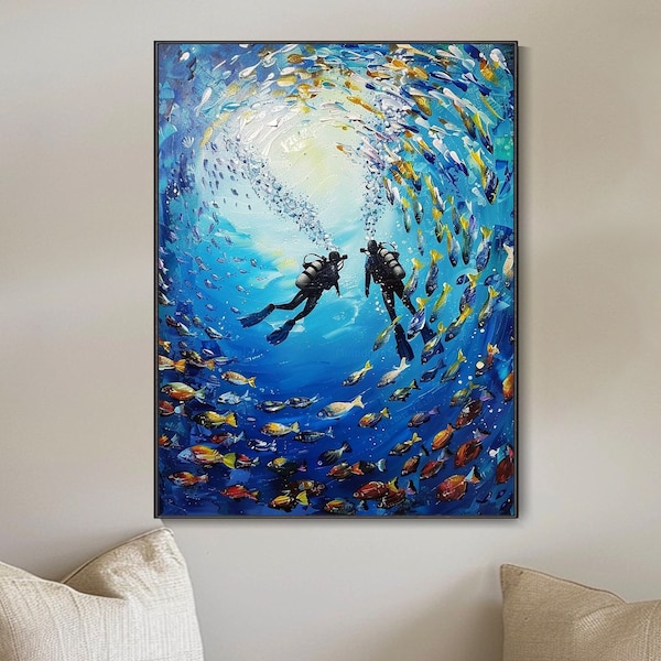 Abstract Diving Couple Oil Painting Hand-Painted Ocean Decor Canvas Art Original Deep Blue Sea Fish Canvas Art Modern Home Decor Gift Moving