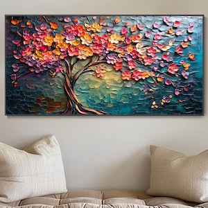 Colorful Tower Tree 3D Texture Art Oil Painting Large Living Room Decor Original Modern Boho Style Abstract Nature Canvas Hand Wall Decor