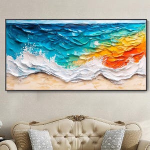 Original Colorful Wave Canvas Art 3D Knife Painting Thick Texture Dreamy Vivid Living Room Wall Art Contemporary Innovative Design Home