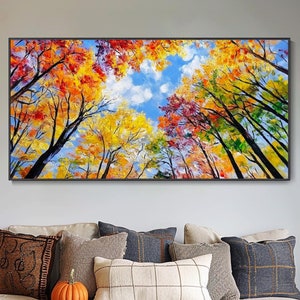 Original Colorful Forest 3D Texture Mural Canvas Woodland Landscape Painting Autumn Wall Art Vibrant Trees Artwork Modern Impressionist