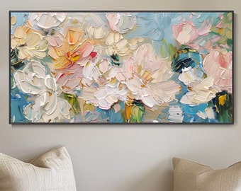 Abstract Floral Oil Painting Hand Textured Art Thick Texture Modern Living Room Decor White Boho Style 3D Effect Blooming Flower Canvas