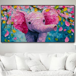 Óleo abstracto pintado a mano de elefante rosa con flores personalizadas para decoración de pared en salón y habitación infantil regalo para