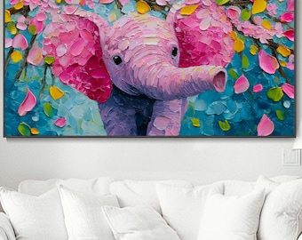 Abstrakcyjny ręcznie malowany różowy słoń na płótnie obraz olejny dekoracja z różowymi kwiatami do salonu obraz ścienny kreatywna dekoracja