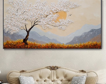 Huile originale sur toile encadrée Panorama abstrait arbre en fleurs printemps Fleurs blanches douces Paysage décoratif Toile grande texture