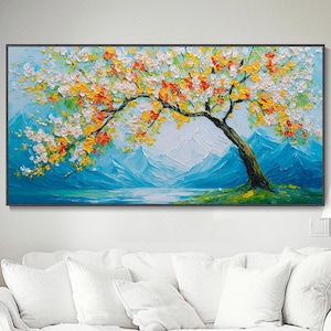 Vibrant Yellow Tree Oil Painting Abstract Texture Wall Art Original Hand Large Canvas Modern Landscape Autumn Tree Art Floral Tree Decor
