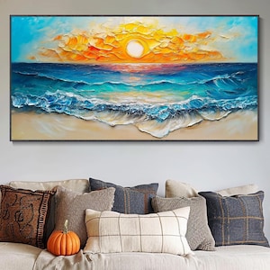 Seascape Canvas Art Ocean Waves Painting Sunset Beach Palette Knife Thick Texture Coastal Oil Decor Large Banner Natural Scenery Home Wall