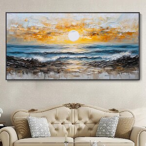 Modern Abstract Oil Painting Hand Texture 3D White Wave Wall Art Sunrise Ocean Landscape Original Artist Living Room Sofa Back Wall Decor