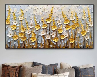 3D Goldene Blumen Leinwand Textur Kunst, Moderne stilvolle Wanddekoration Ölgemälde, Abstrakte Landschaft Pflanzenmalerei, Wohnzimmer