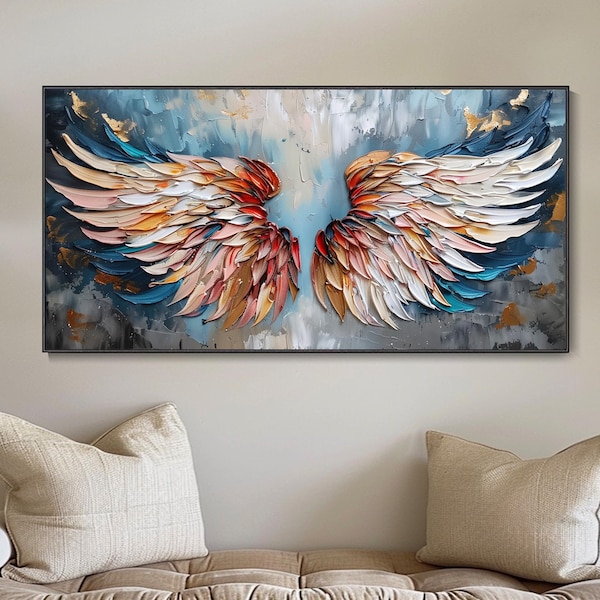 Arte su tela dipinta a mano con ali astratte, quadro olio originale personalizzato con texture di piume, decorazione murale moderna e alla