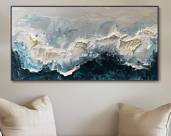 3D Dark Teal Gold Minimalist Beach Painting Textured Wall Art Ocean Wave Painting on Canvas Wabi-Sabi Wall Art Trendy Living Room Painting