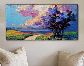 Abstract Landscape Hand-Painted Pastoral Decor Painting, Original Colorful Sky Decor Oil Painting, Modern Fashion Living Room Wall Art,