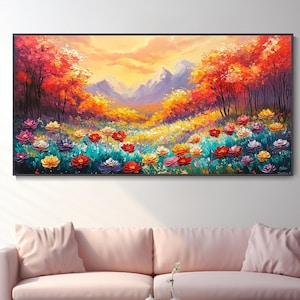 Sunset Meadow Canvas Oil Painting Vibrant Wildflowers Canvas Living Room Textured Countryside Wall Art Tranquil Spring Landscape Artwork