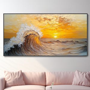 Modern Abstract Oil Painting Original Artist 3D Textured Knife Art White Wave Wall Mural Sunrise Ocean Scene Living Room Sofa Background