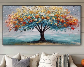 Hand-Painted Palette Knife Abstract Tree Of Life Boho Landscape Oil Painting Original Art Canvas Living Room Wall Decor Modern Festive Gift