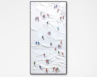 Original Ski Painting, Textured Wall Art Skiing Painting Custom Canvas Art Personalized Gifts Christmas Gift Skier on the Snowy Mountain Art