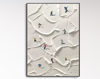 Œuvre originale de ski sur toile Décoration hivernale Art mural texturé Cadeau personnalisé Art du skieur sur montagne enneigée Peinture de