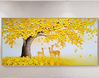 Abstract Big Yellow Tree On Canvas Sika Deer Painting Large tree painting Original painting Living Room Decor Knife Painting Spring Decor