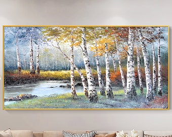 Birch Tree Oil Painting On Canvas Original Yellow Autumn Birch Forest Landscape Artwork Silver Birch Tree Wall Decor Living Room Wall Art